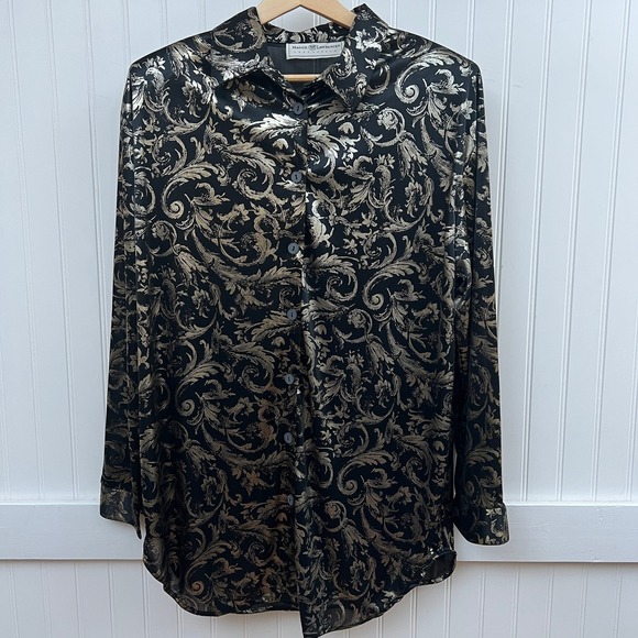 Vintage Tops - Vtg Maggie Lawrence Blouse Whimsigoth Metallic Brocade Button Up Gold Baroque